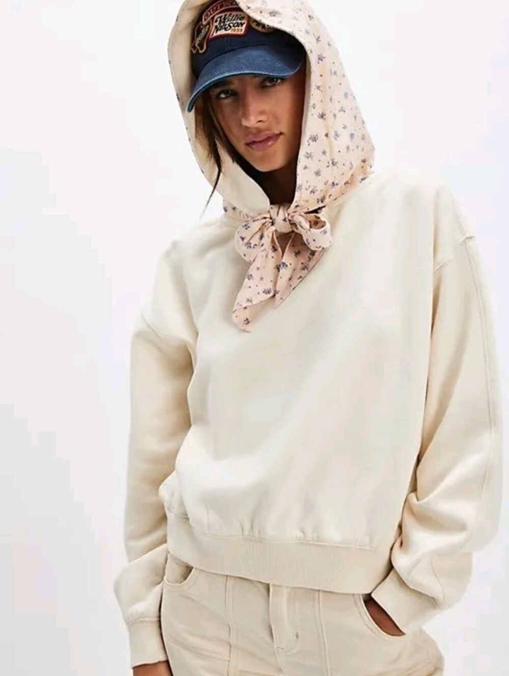 Free People Cream Hooded Crewneck Sweater with Floral Drawstrings.